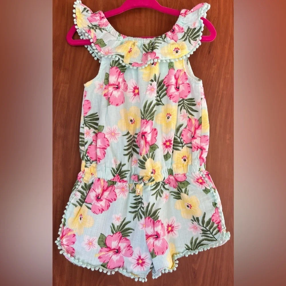 Little Me - Pink-Yellow flower print Pom-Pom woven romper (Size 3T)